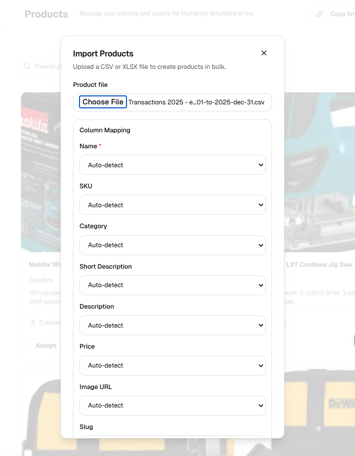 CataGo bulk import column mapping